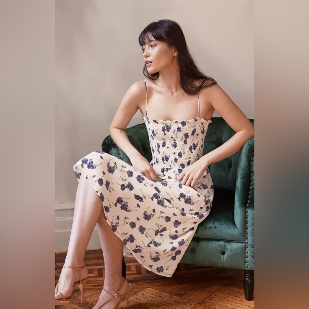 Reformation Cream Midi Dress with Blue Floral Print
